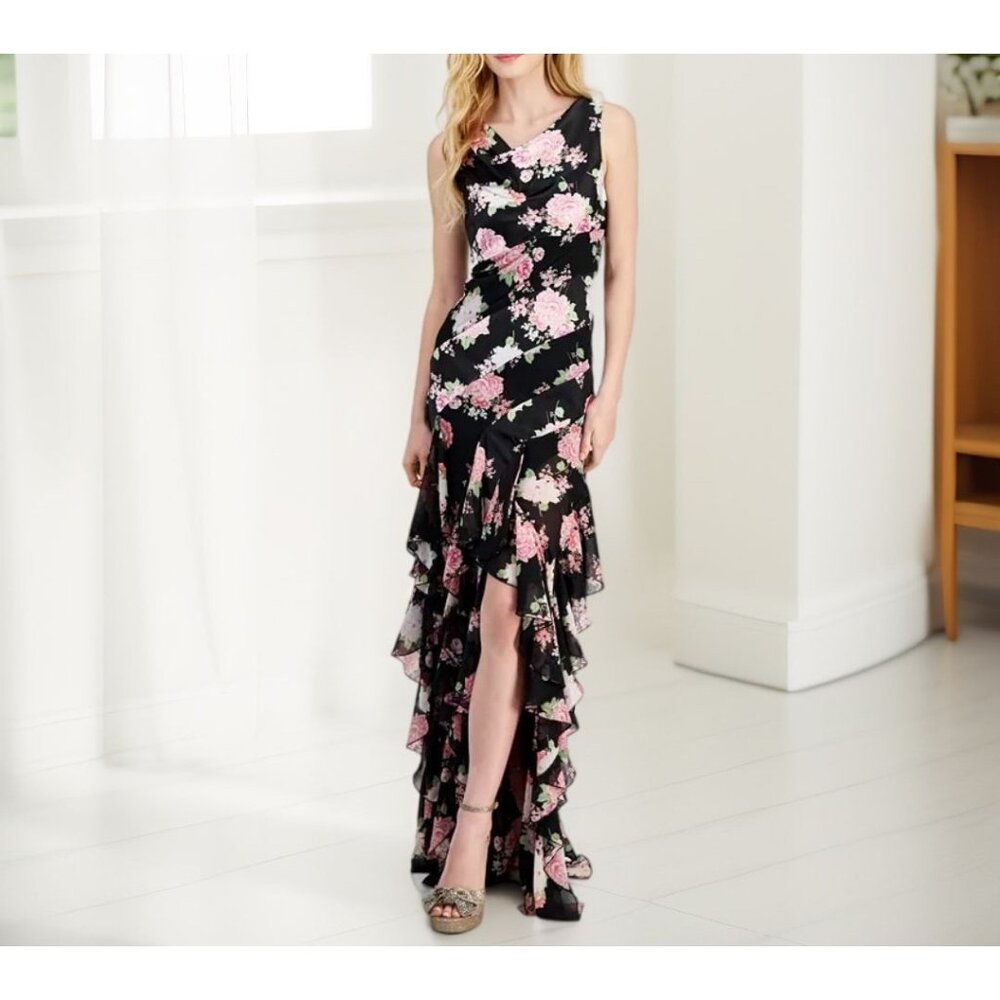 City Studios Womens Juniors Pull On Ruffled Floral Maxi Dress Black Pink NWT